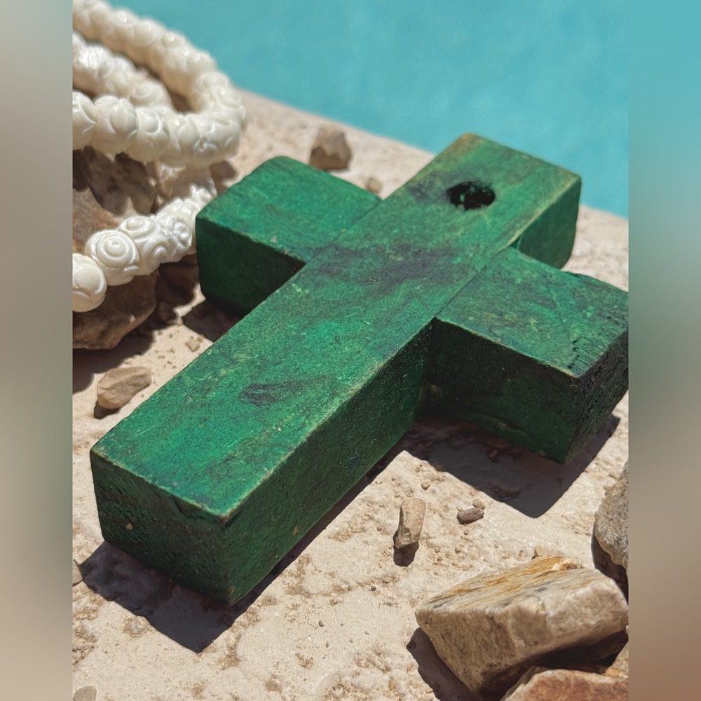 Milagros Silver Metal Charm Spanish Folk Art Painted Wood Cross-Turquoise Green - Picture 7 of 10